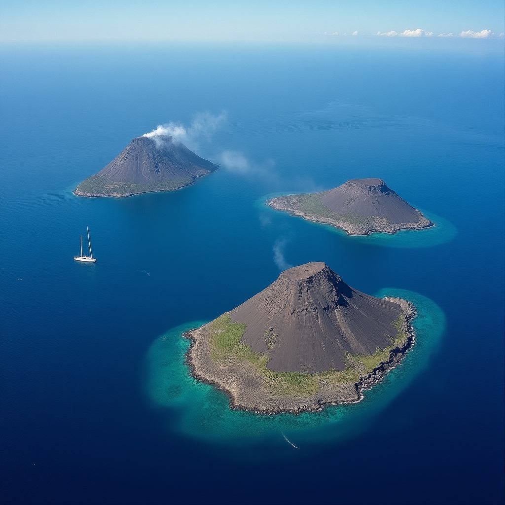 Vista aerea delle isole Eolie con vulcani e acque azzurre