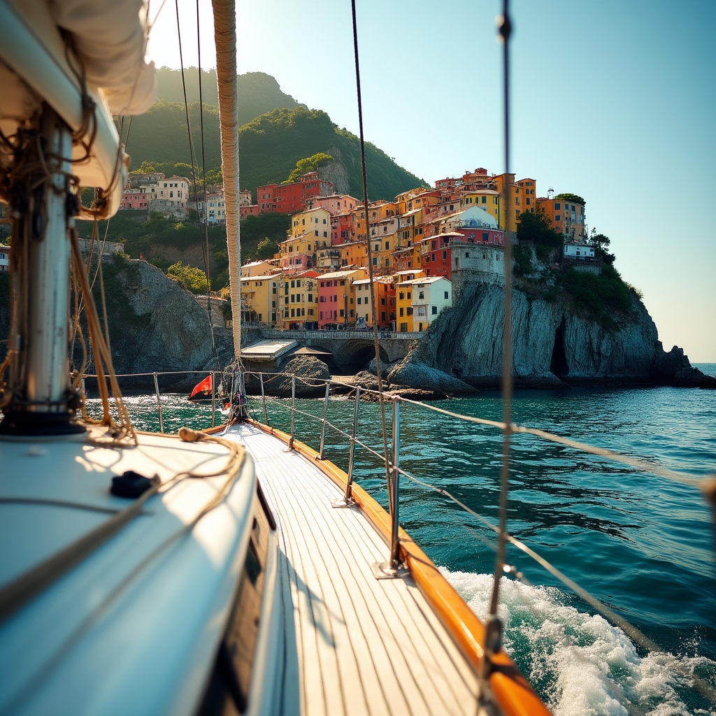 Navigazione lungo le Cinque Terre, vista delle scogliere e borghi colorati