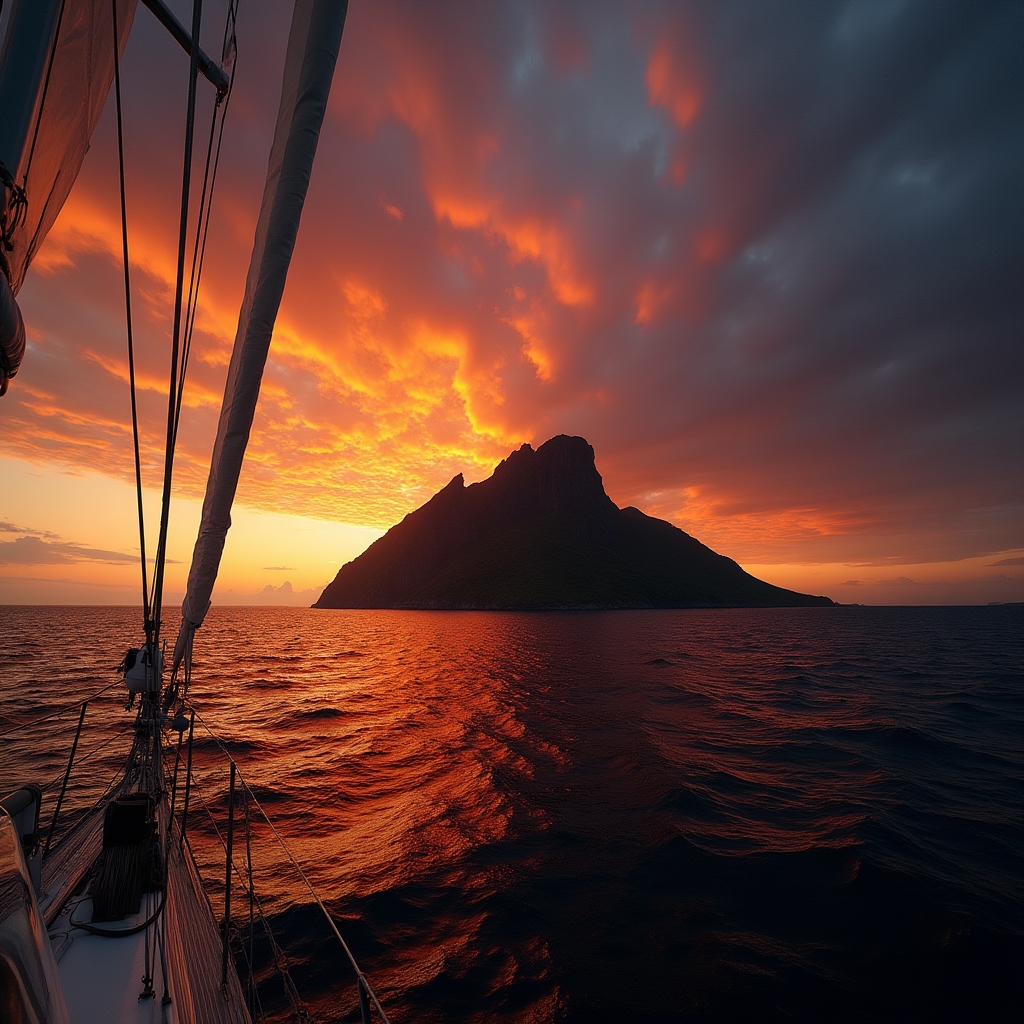 Barca a vela vicino alle coste scure di Pantelleria al tramonto
