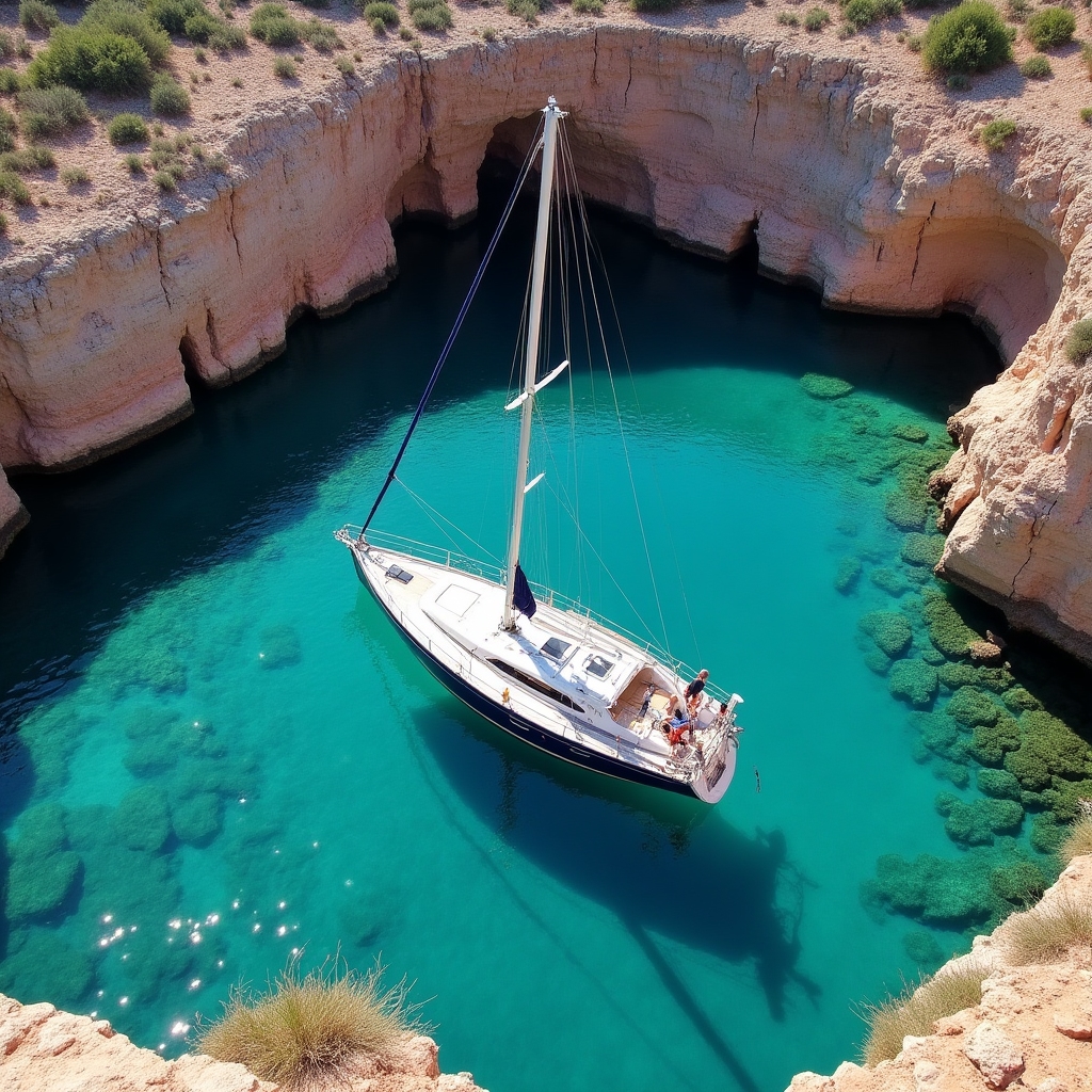 Cala sarda con acqua color smeraldo e barca a vela ormeggiata
