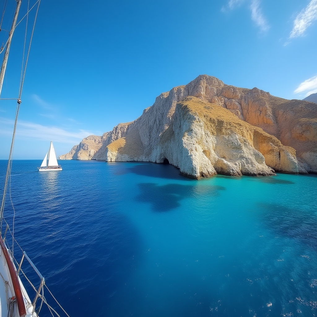Panorama costiero siciliano con barca a vela in lontananza
